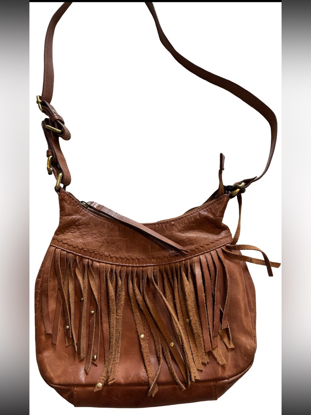 Børn Brown Leather Studded Fringe Crossbody Bag GUC